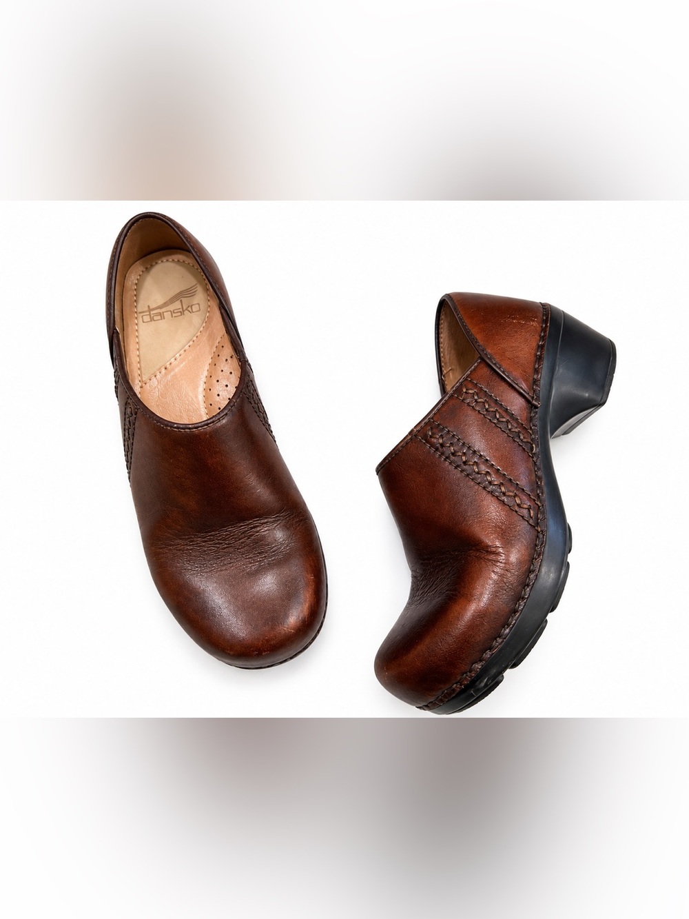 Dansko Pro Braided Clog Leather Clogs in Brown & Black Size 6 Well Loved